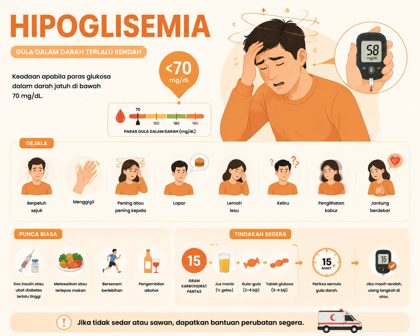Hipoglisemia: Punca, Gejala, dan Rawatan