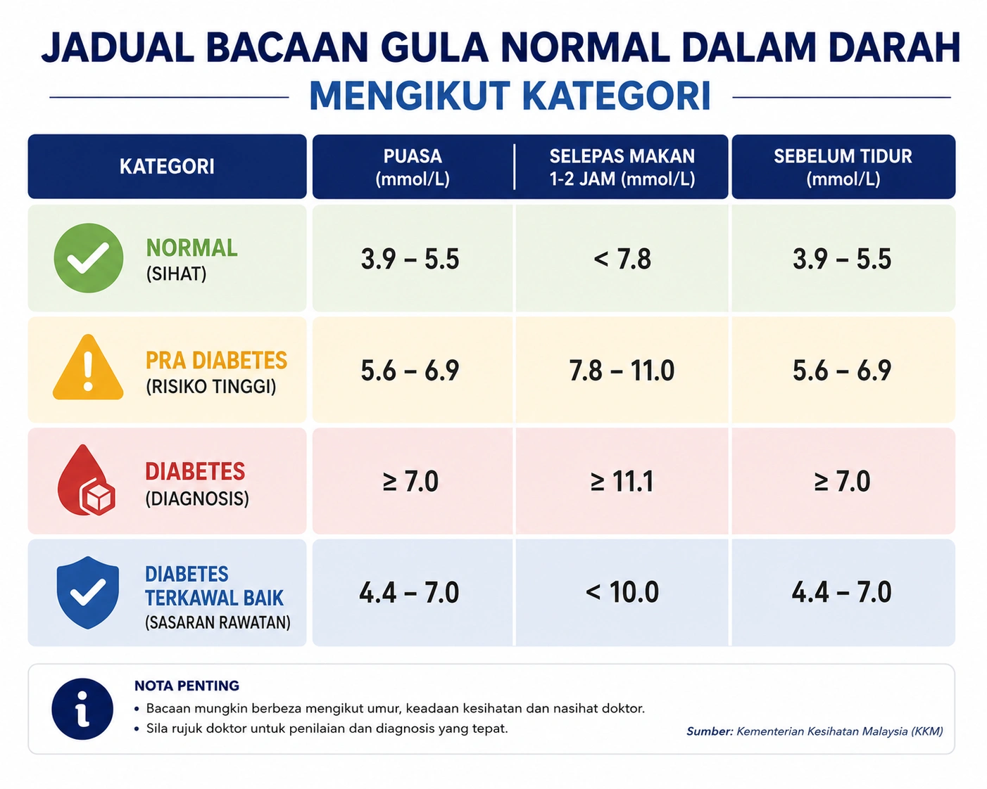 Jadual Bacaan Gula Dalam Darah (mmol/L) di Malaysia