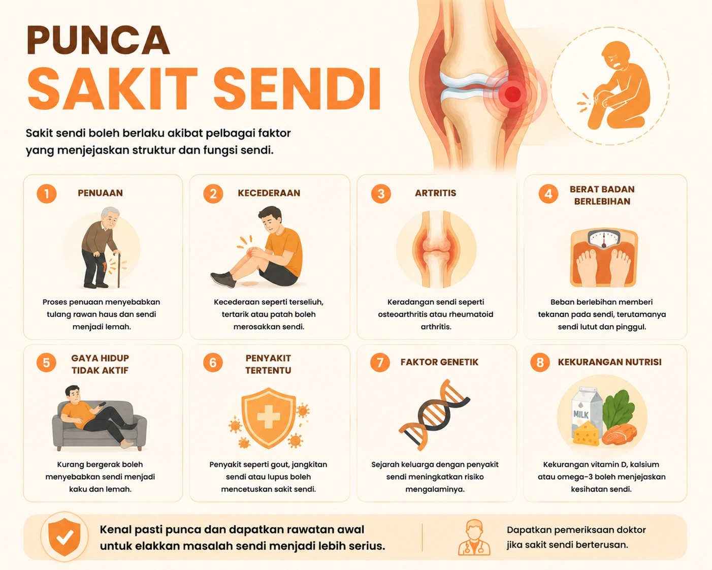 Sakit Sendi: Punca Lutut Bunyi, Beza Osteoarthritis vs Gout & 12 Cara Legakan Tanpa Ubat 1 Sakit Sendi: Punca, Gejala, dan Rawatan