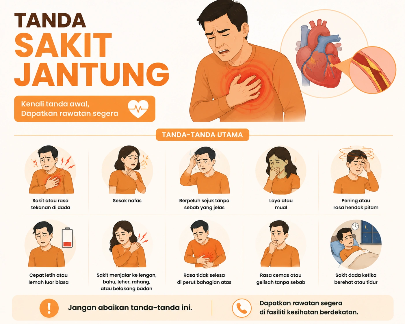 Tanda sakit jantung: sakit dada mencengkam, sesak nafas, berdebar, pening, loya, peluh sejuk, sakit merebak ke lengan, rahang, leher atau belakang.